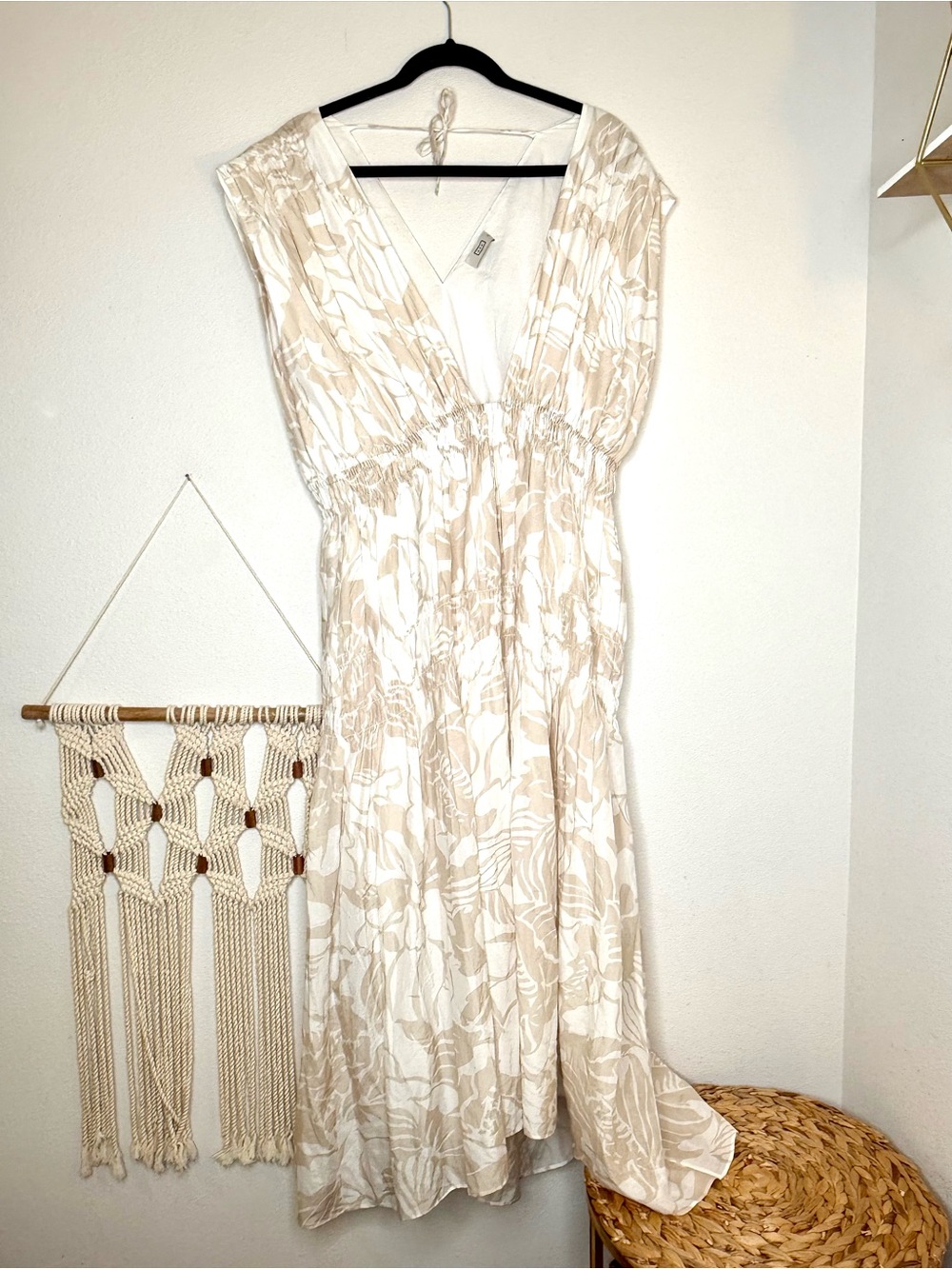 AYR Dress Palm Print Tan Cream Smocked waist Neutral midi